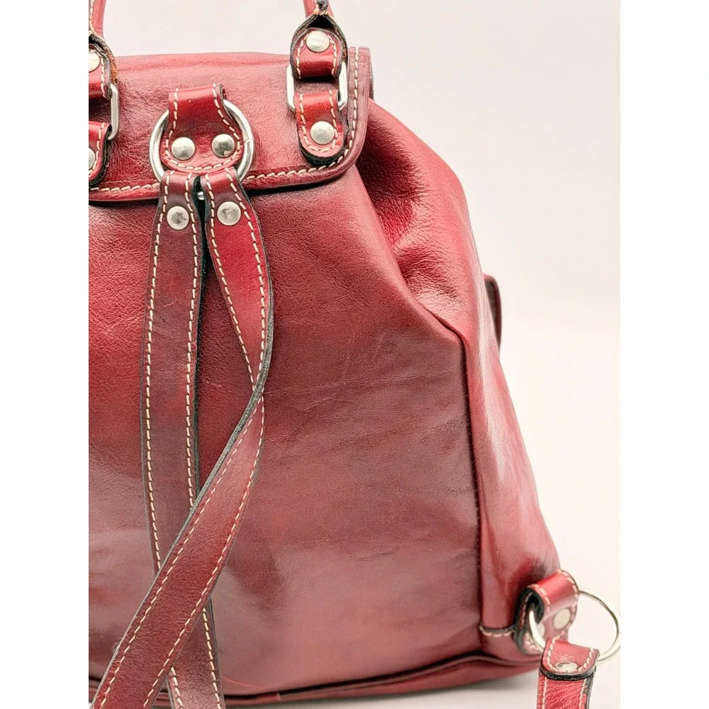 Vintage Red Leather Rucksack Backpack Contrast Stitch Buckle Drawstring Medium